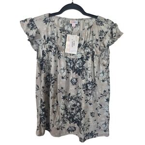 LuLaRoe Stasha Top Small NWT Tan Black Floral Ruffle Flutter Sleeve Blouse